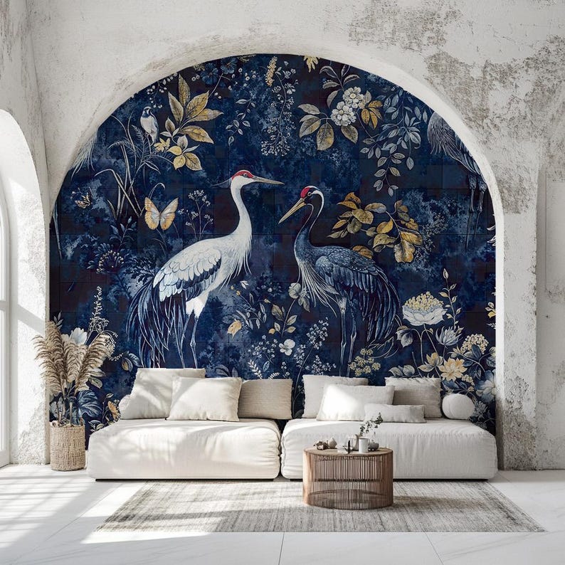 Marinblå tapet Heron Mural Chinoiserie Crane Peel Stick Avtagbar Vinyl Vanlig Tapetdekor bild 4