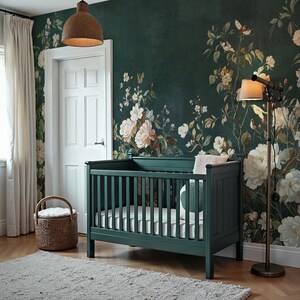 Vintage Dark Green Chinoiserie Flower Wallpaper, Botanic Mural, Removable Peel and Stick Wall Mural