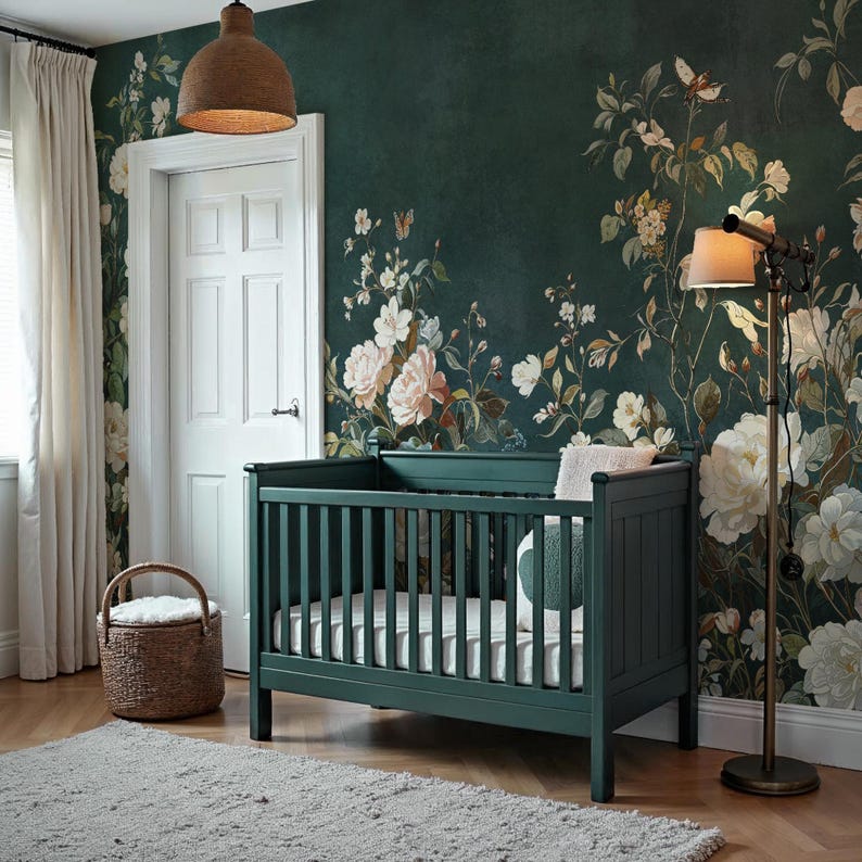 Vintage Dark Green Chinoiserie Flower Wallpaper, Botanic Mural, Removable Peel and Stick Wall Mural