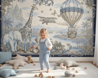 Blue Peel and Stick Kids Wallpaper Safari Animals Mural Nursery Removable Wall Paper