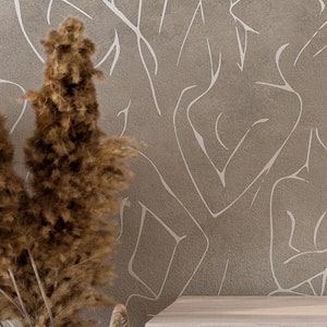 Female Body Wallpaper Line Art Drawing on Abstract Concrete Texture, Removable Peel Stick, Traditional Non Woven