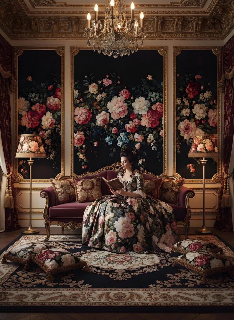 May include: A woman in a floral gown sits on a burgundy sofa, reading a book in a room with floral wallpaper and matching pillows. Two lamps with floral shades flank the sofa. A chandelier hangs above.