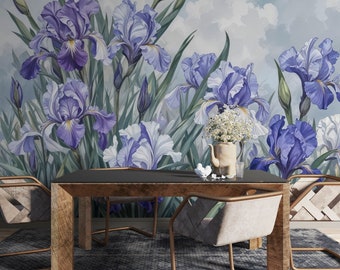 Wallpaper, Purple White iris flowers field, Removable Peel Stick and Traditional