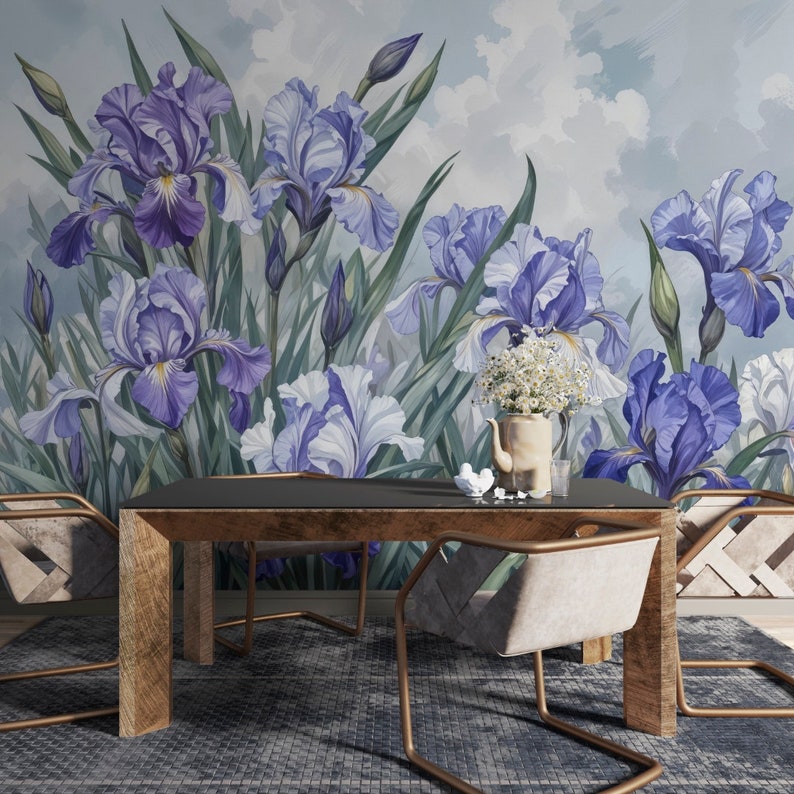 May include: A wooden dining table with a black top and a light wood base. The table is set with two chairs and a teapot. The background is a mural of purple and white iris flowers.