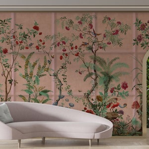 pink scenic chinoiserie wallpaper branches, peacock, bathroom, boho retro, painting bathroom Peel and stick wallpaper,