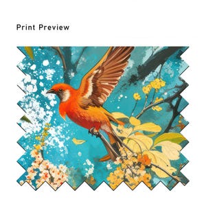 May include: A vibrant painting of an orange bird with brown wings perched on a branch with yellow flowers against a blue background with white splatter paint.