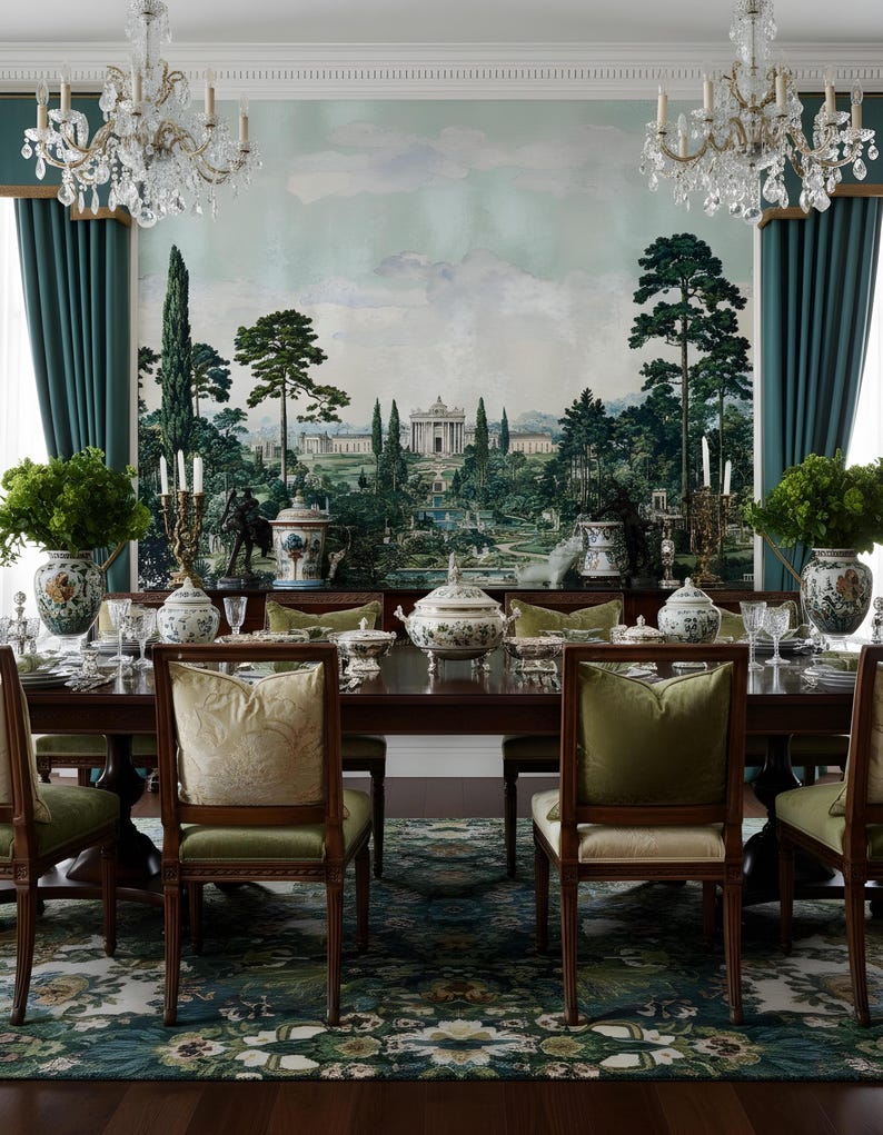 Peut inclure: Une salle &agrave; manger formelle avec une longue table en bois sombre entour&eacute;e de chaises aux coussins vert olive et oreillers cr&egrave;me. Une grande fresque paysag&egrave;re orne le mur du fond, encadr&eacute;e par des rideaux bleu sarcelle et des lustres.