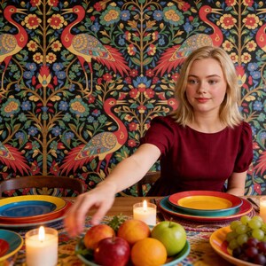 May include: A dining table set for a meal, featuring colorful plates, candles, and a fruit arrangement. The background showcases a vibrant floral wallpaper with bird motifs. A person in a maroon dress is reaching towards the table.