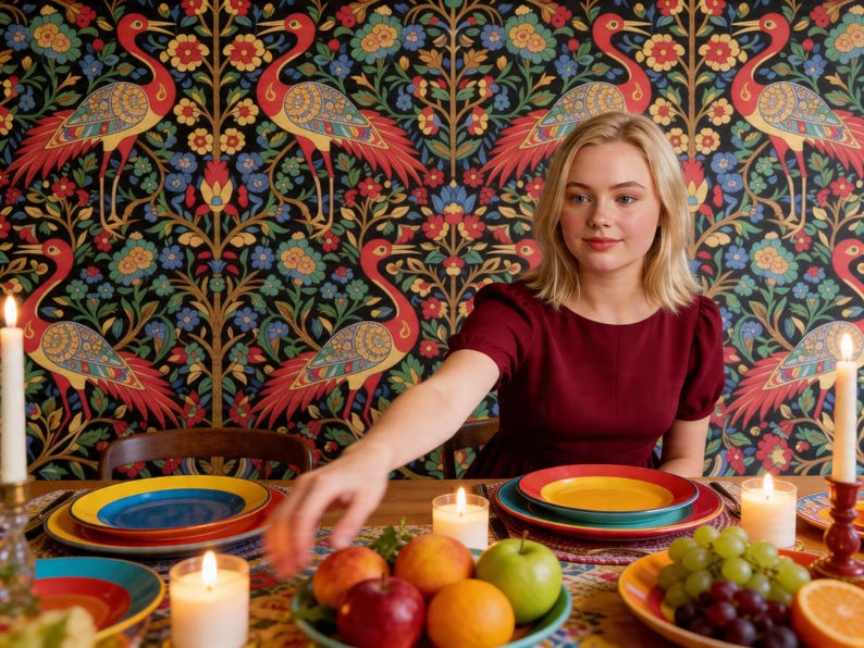 May include: A dining table set for a meal, featuring colorful plates, candles, and a fruit arrangement. The background showcases a vibrant floral wallpaper with bird motifs. A person in a maroon dress is reaching towards the table.