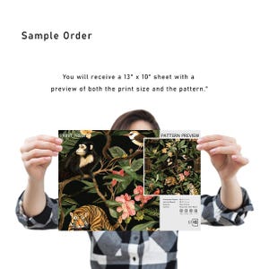 May include: A sample order preview showing a 13-inch by 10-inch sheet with a print preview of a tiger, monkey, and birds in a jungle setting and a pattern preview of the same design repeated.