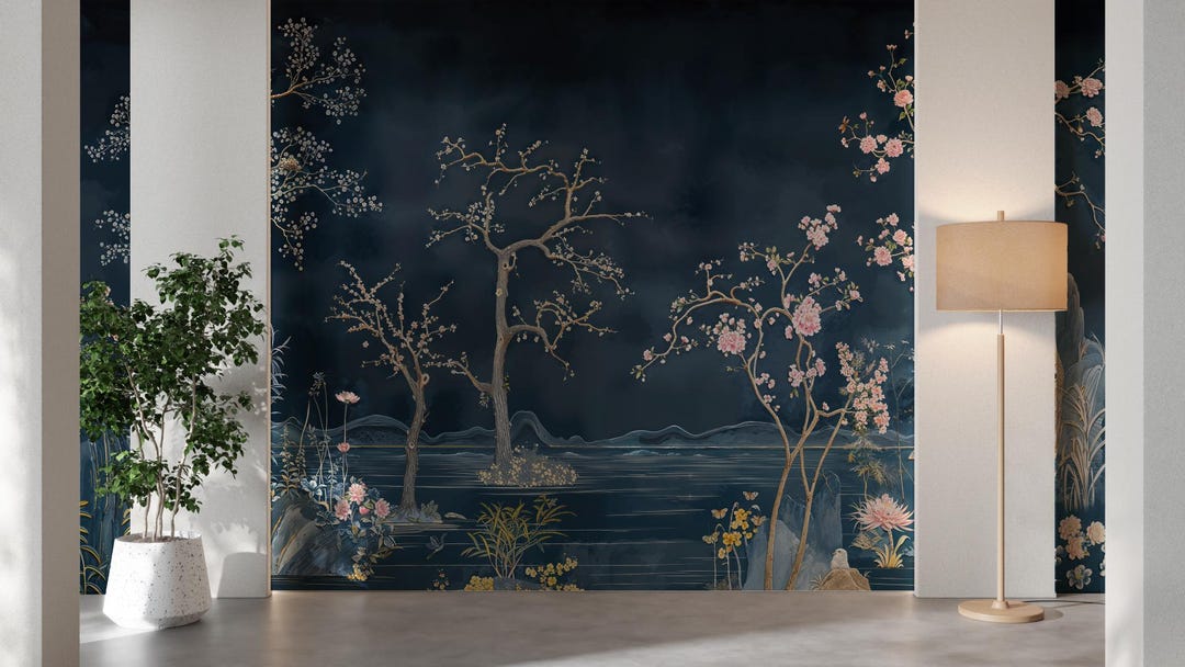 Dark Blue Chinoiserie Wallpaper / Removable Traditional Peel Stick ...