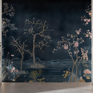 Dark Blue Chinoiserie Wallpaper / Removable traditional Peel Stick, Custom Size