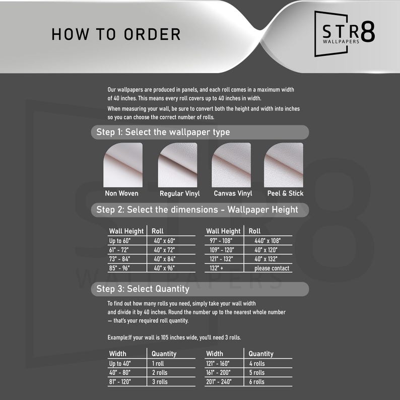 Puede incluir: Imagen que muestra instrucciones sobre c&oacute;mo pedir papel pintado. Los pasos incluyen la selecci&oacute;n del tipo de papel pintado, las dimensiones y la cantidad. La imagen tambi&eacute;n muestra el logotipo de STR8 Wallpapers y detalles sobre los tama&ntilde;os de los rollos y c&oacute;mo medir las paredes.