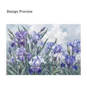 May include: A painting of a field of purple and white irises with green leaves and a blue sky with white clouds in the background.