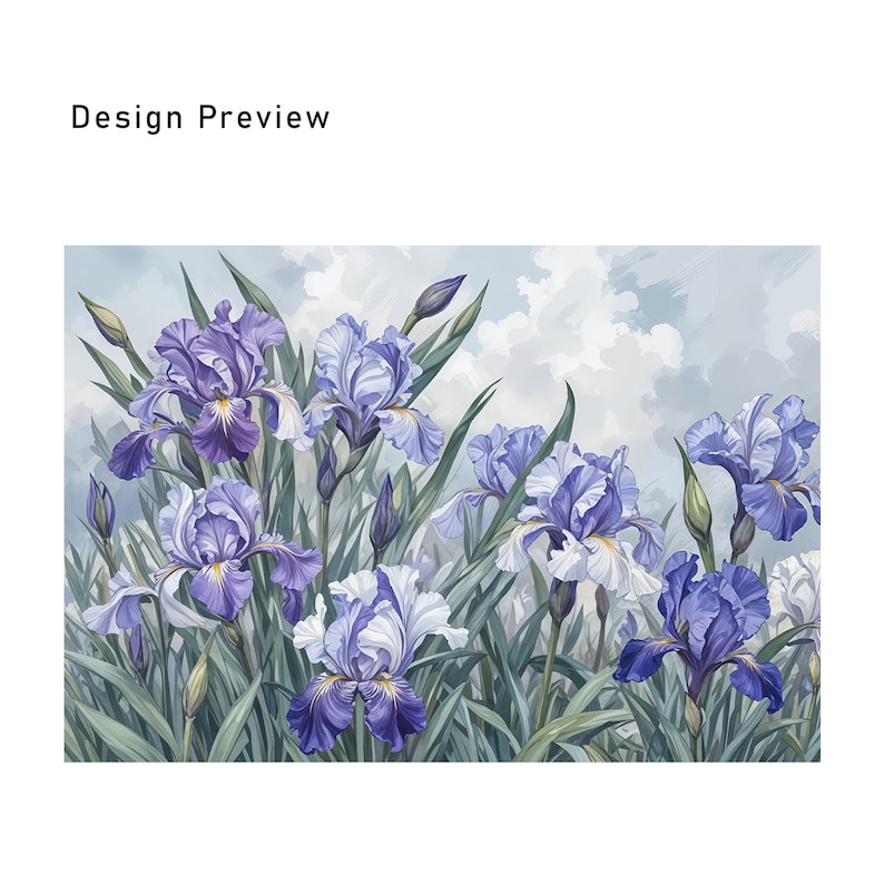 May include: A painting of a field of purple and white irises with green leaves and a blue sky with white clouds in the background.
