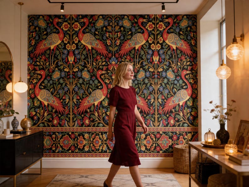 May include: A woman in a burgundy dress walks in front of a wall with a large, ornate floral and bird pattern. The wallpaper features red, yellow, and blue birds and flowers on a black background. The room has warm lighting and decorative elements.