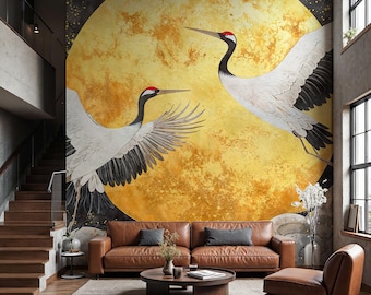 Golden Crane Moon Peel Stick Wallpaper Mural Traditional Non Woven Vinyl Removable Wall Decor