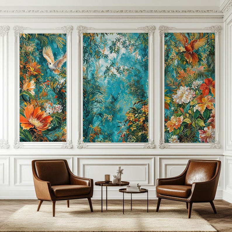 May include: Three framed prints of tropical floral and bird illustrations. The prints are set against a white wall with white molding. Two brown leather armchairs are in front of the prints.