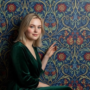May include: A woman in a dark green velvet dress sits in front of a blue floral wallpaper. The wallpaper features a repeating pattern of red flowers, green leaves, and gold accents. The woman has blonde hair and is smiling.