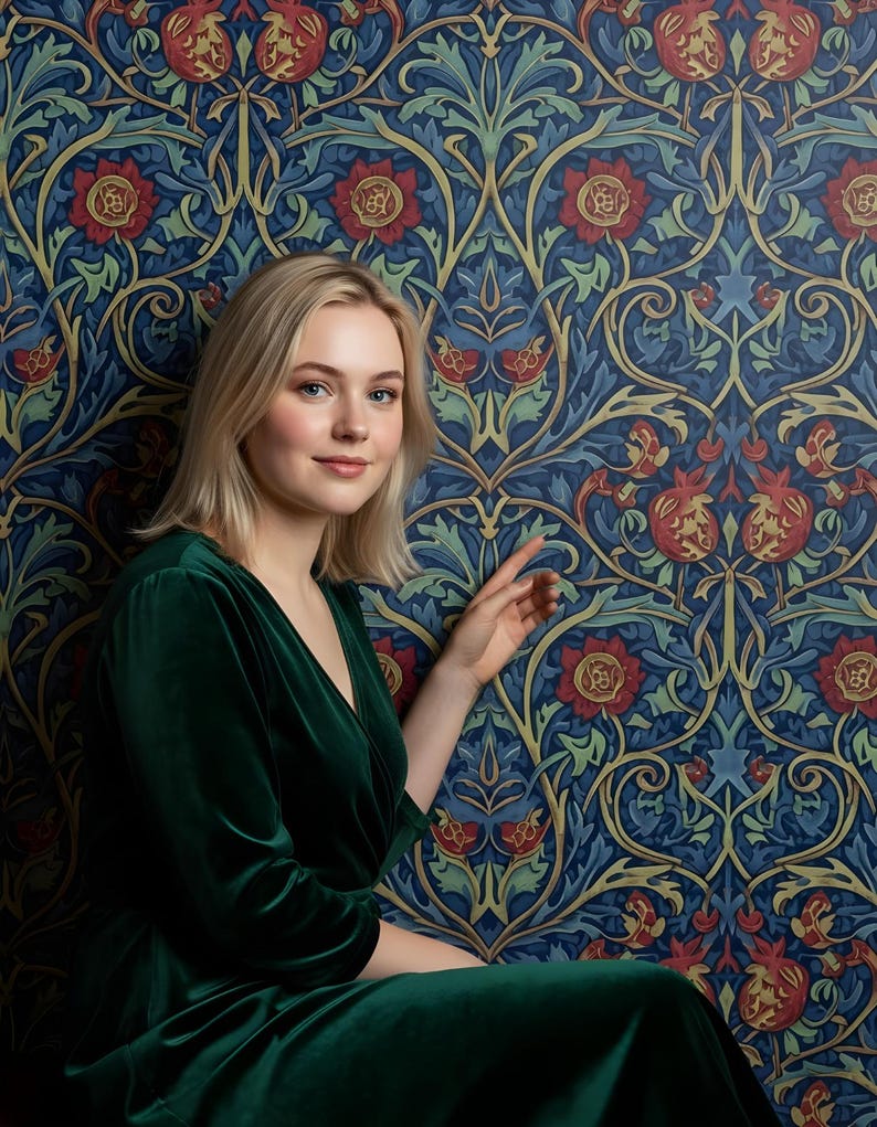 May include: A woman in a dark green velvet dress sits in front of a blue floral wallpaper. The wallpaper features a repeating pattern of red flowers, green leaves, and gold accents. The woman has blonde hair and is smiling.