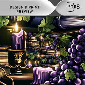 May include: Digital artwork depicting a still life with purple candles, grapes, and books. Lit candles emit a warm glow. Books are stacked, and grape vines are intertwined. The text "DESIGN & PRINT PREVIEW" is at the top.