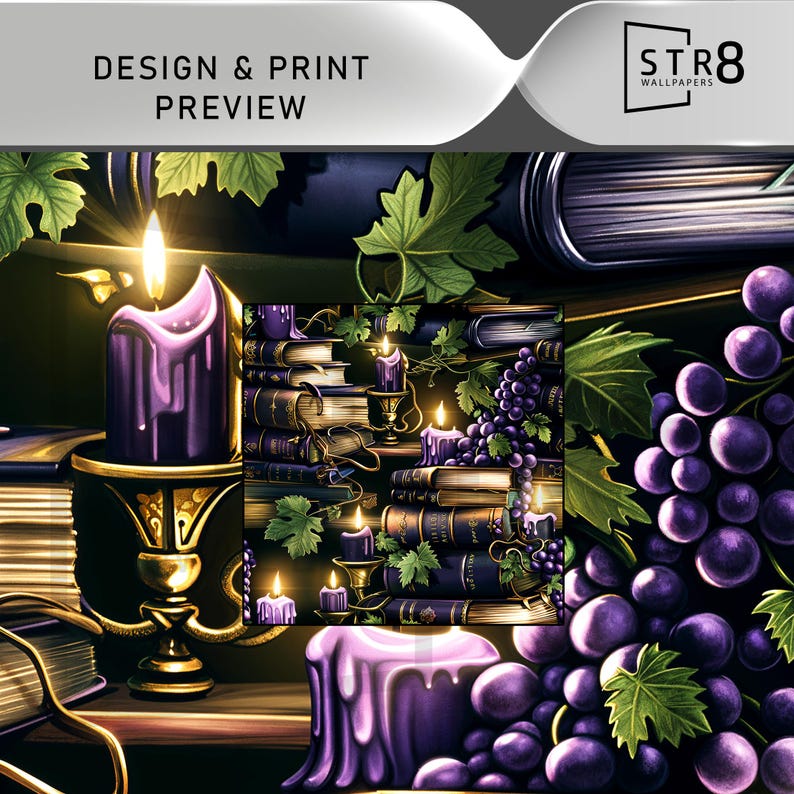 May include: Digital artwork depicting a still life with purple candles, grapes, and books. Lit candles emit a warm glow. Books are stacked, and grape vines are intertwined. The text "DESIGN & PRINT PREVIEW" is at the top.
