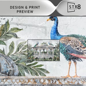 May include: A digitally created wallpaper design featuring a peacock with blue and green plumage. The design includes a smaller image of a building with peacocks and tropical plants. The text "DESIGN & PRINT PREVIEW" is at the top.