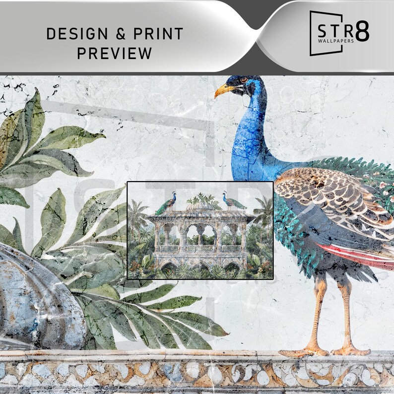 May include: A digitally created wallpaper design featuring a peacock with blue and green plumage. The design includes a smaller image of a building with peacocks and tropical plants. The text "DESIGN & PRINT PREVIEW" is at the top.