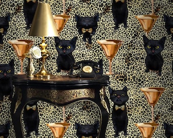 Black Cat Wallpaper, Leopard Mural Peel and Stick, Removable Luxury Cocktail Theme Wall Mural