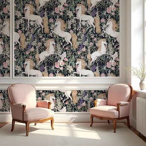 May include: A black and white wallpaper with a repeating pattern of white unicorns and pink and white flowers. The wallpaper is in a room with two pink armchairs.