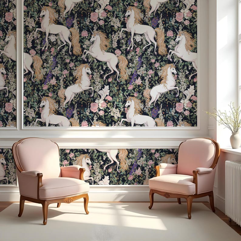 May include: A black and white wallpaper with a repeating pattern of white unicorns and pink and white flowers. The wallpaper is in a room with two pink armchairs.