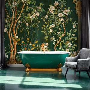 May include: A green freestanding bathtub with gold feet sits in a bathroom with a green and white floral wallpaper. A black and white patterned armchair is in the foreground.
