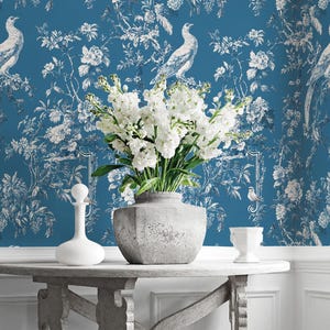 Blue Bird Floral Wallpaper, Vintage Removable Peel and Stick Chinoiserie Mural, Elegant Home Decor, Birds and Flowers, Custom Size Available