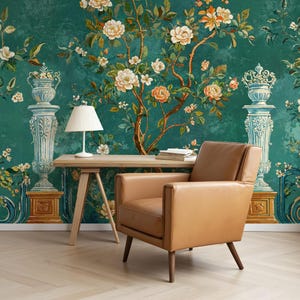 Dark Green Chinoiserie Wallpaper, Enchanted Asian Garden Mural, Slender Trees and Plants Mural - Removable Peel Stick and Traditional