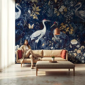 Marinblå tapet Heron Mural Chinoiserie Crane Peel Stick Avtagbar Vinyl Vanlig Tapetdekor bild 3