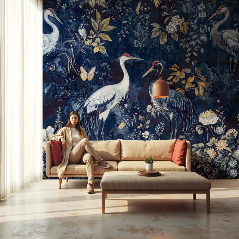 Marinblå tapet Heron Mural Chinoiserie Crane Peel Stick Avtagbar Vinyl Vanlig Tapetdekor bild 3