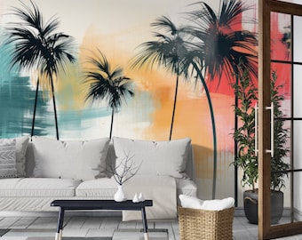 Tropical Palm Trees Wallpaper, Hand Painted and Digitally Printed, Traditional, Removable Peel Stick, Mural