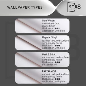 May include: An image from STR8 Wallpapers showing different wallpaper types. The graphic lists Non Woven, Regular Vinyl, Peel & Stick, and Canvas Vinyl. Each type is described with surface texture, finish, and application method.