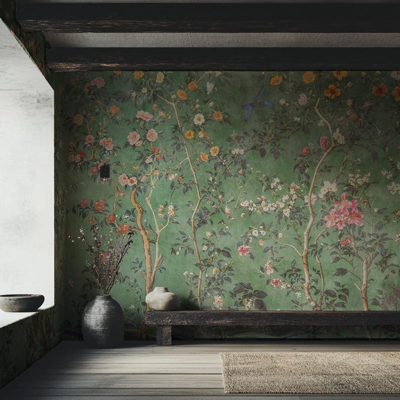 Grön Chinoiserie-tapet, Förtrollad asiatisk trädgård, Slanka träd och växter - Avtagbar, självhäftande stift och traditionell bild 4