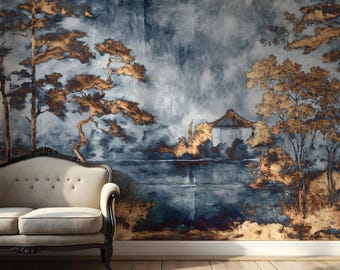 Chinoiserie Mural Wallpaper Gold and Blue Asian Landscape Mural Metallic Vinyl Non Woven
