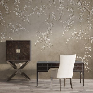 Beige scenic chinoiserie peel and stick wallpaper chinese, cherry blossom, birds, bathroom, boho retro, panel bathroom