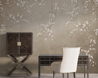 Beige scenic chinoiserie peel and stick wallpaper chinese, cherry blossom, birds, bathroom, boho retro, panel bathroom