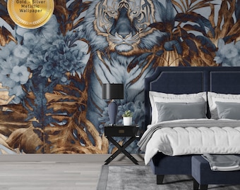 Gold Tiger Wallpaper, Metallic Indian Wall Mural, Shiny Removable Non Woven Traditional Mural