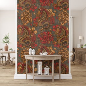 Red Fire Dragon, chinese, japanese concrete, bathroom, boho retro, painting bathroom Peel and stick wallpaper,