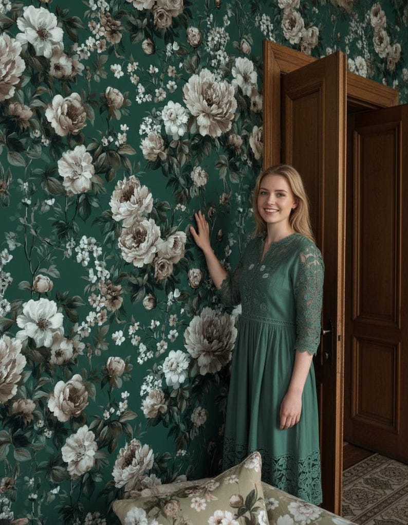 May include: A woman in a green dress stands next to a wall covered in floral wallpaper. The wallpaper features large, cream-colored peony blooms and smaller white flowers against a dark green background. A matching floral pillow is visible on a nearby couch.