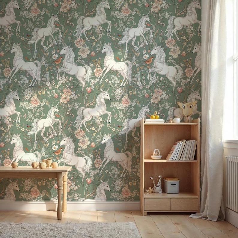 May include: A room with a green floral wallpaper featuring white unicorns. A wooden bookshelf and a small table are in the room. The wallpaper has a repeating pattern of unicorns, flowers, and birds.