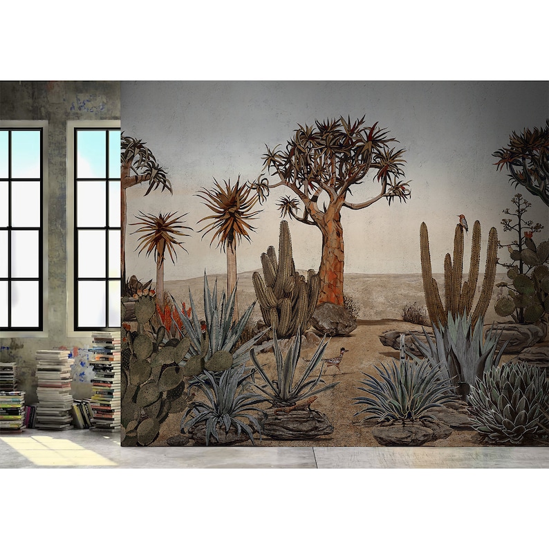May include: A desert landscape wallpaper mural featuring a variety of cacti and succulents in shades of green, brown, and red. The mural depicts a desert scene with a large tree in the center and smaller plants surrounding it.