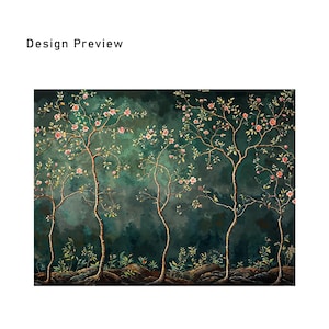 Op de afbeelding: Een digitale print met gestileerde bomen met roze bloesems tegen een donkergroene achtergrond. De bomen hebben goudbruine stammen en takken, met groen gebladerte en kleine planten aan de basis. De tekst "Design Preview" staat bovenaan.
