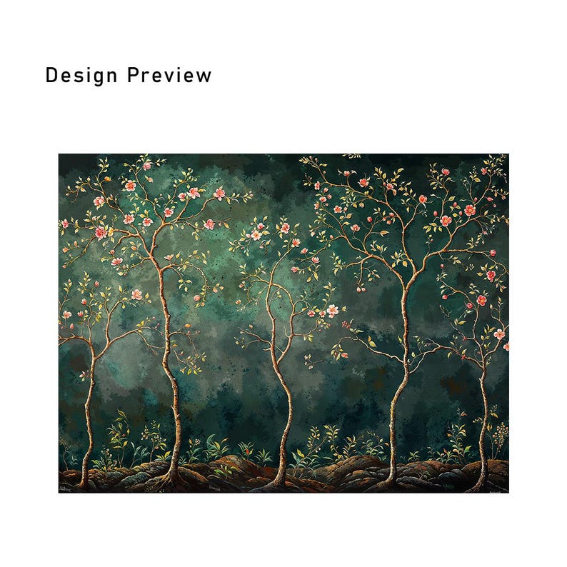 Op de afbeelding: Een digitale print met gestileerde bomen met roze bloesems tegen een donkergroene achtergrond. De bomen hebben goudbruine stammen en takken, met groen gebladerte en kleine planten aan de basis. De tekst "Design Preview" staat bovenaan.