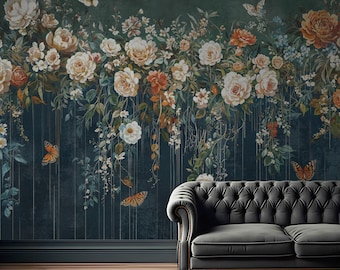Chinoiserie Flower Mural Wallpaper Vintage Green Blue Peel and Stick